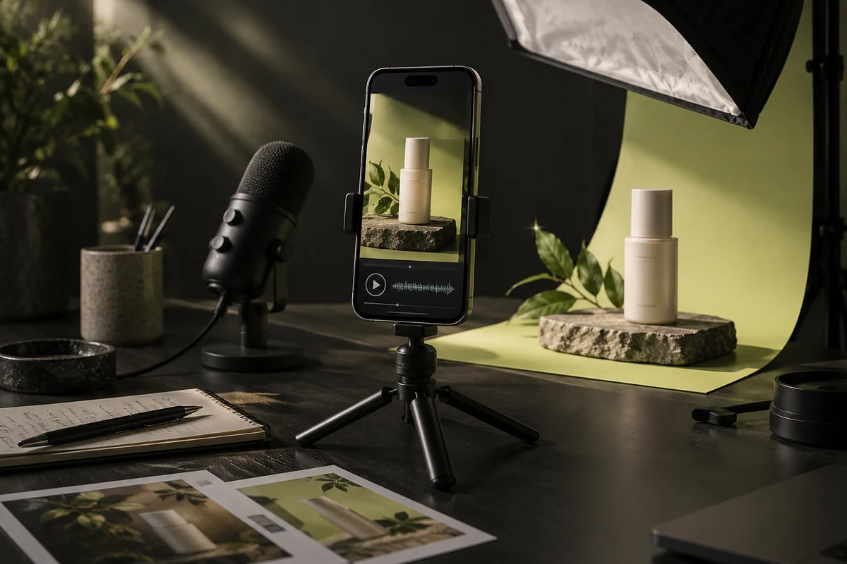 Set de grabación de contenido vertical de producto con móvil, iluminación y micrófono