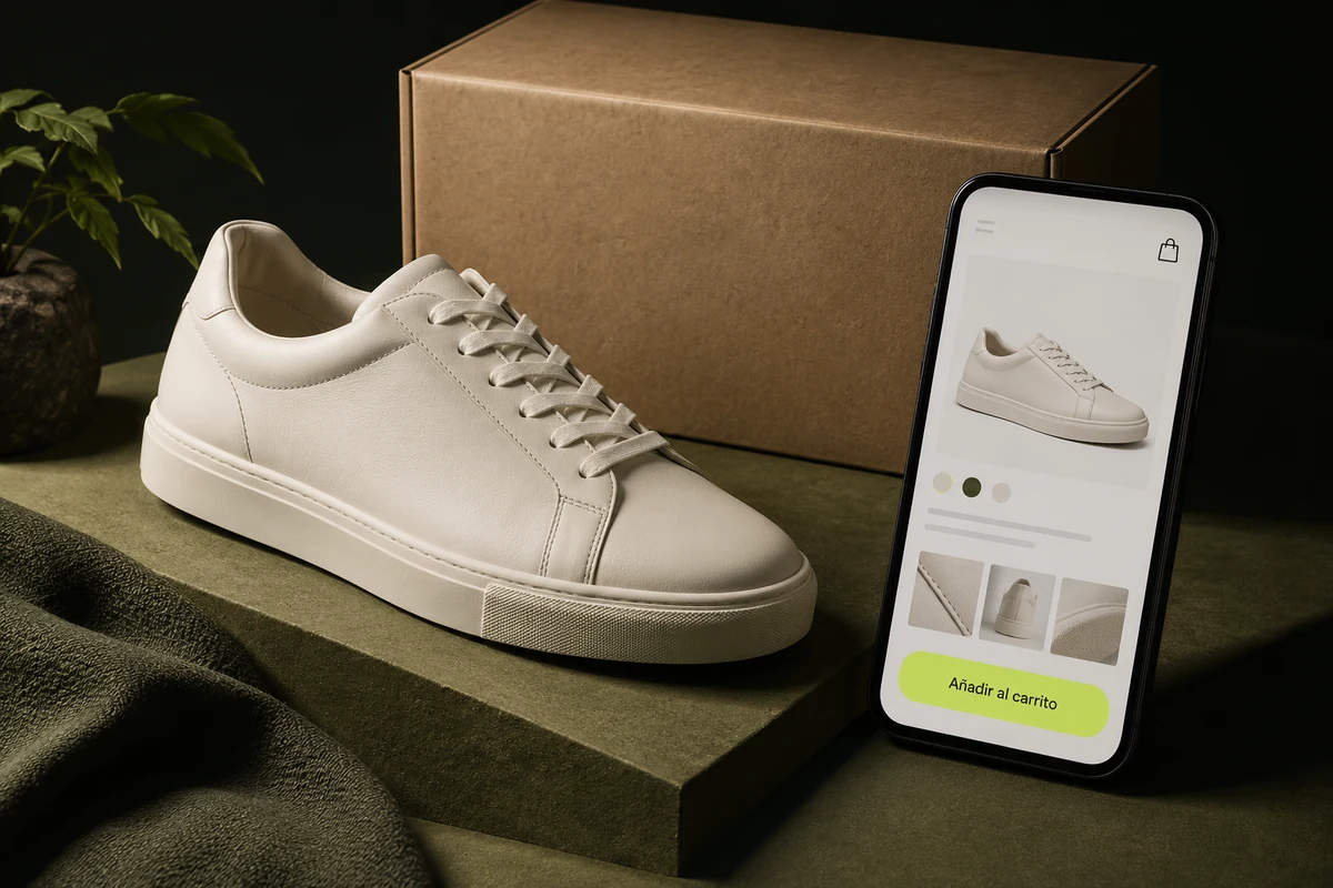 Producto, paquete de envío y ficha de compra móvil en una tienda online