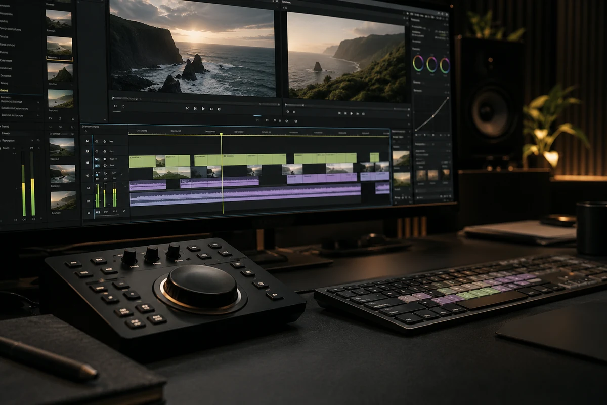 Mesa de edición de vídeo con una línea de tiempo y un controlador de montaje