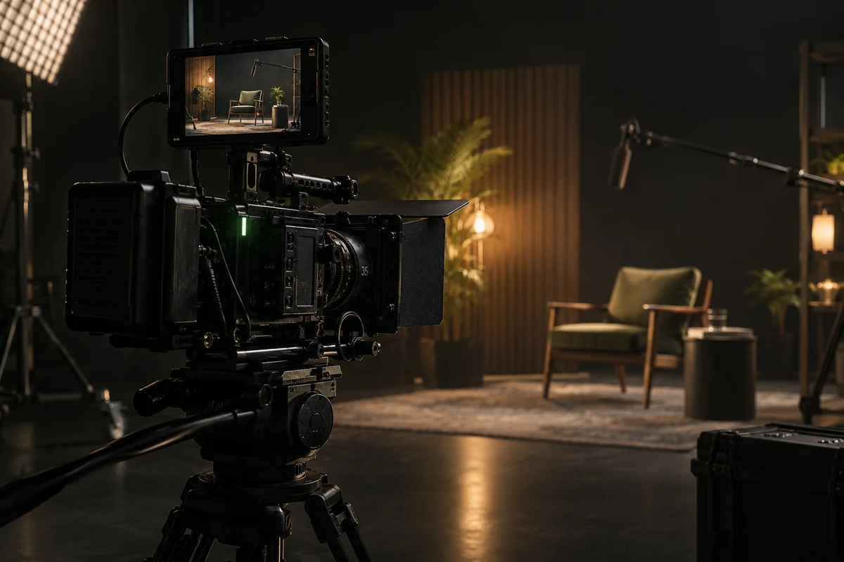 Cámara de cine preparada para grabar una entrevista en un estudio