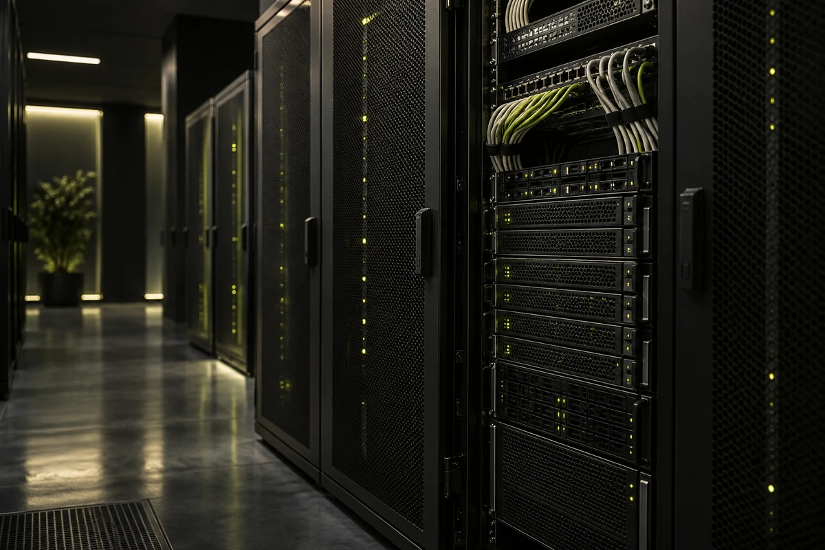 Infraestructura de alojamiento web con racks de servidores y cableado organizado