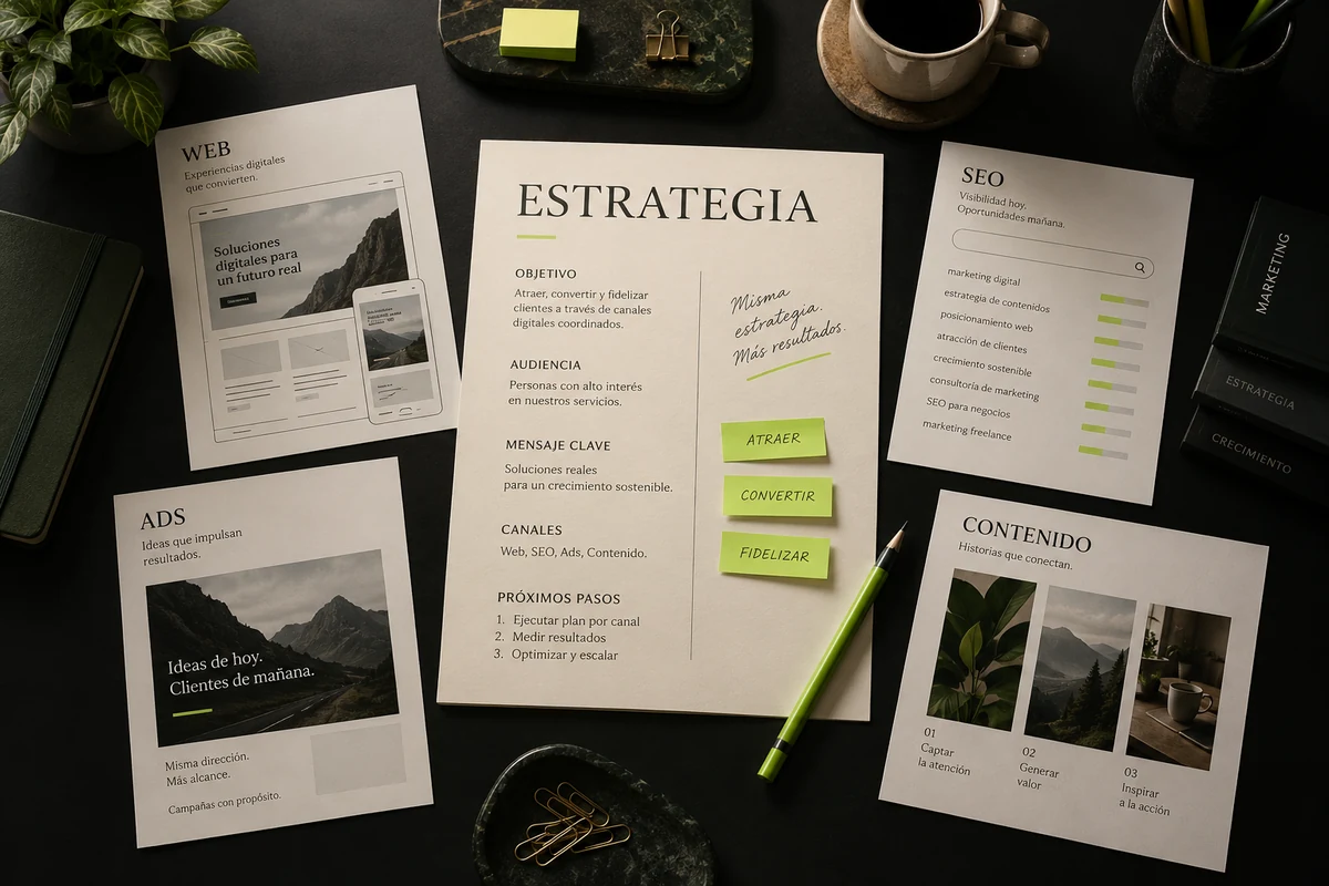 Plan de marketing digital con estrategia, web, SEO, publicidad y contenidos