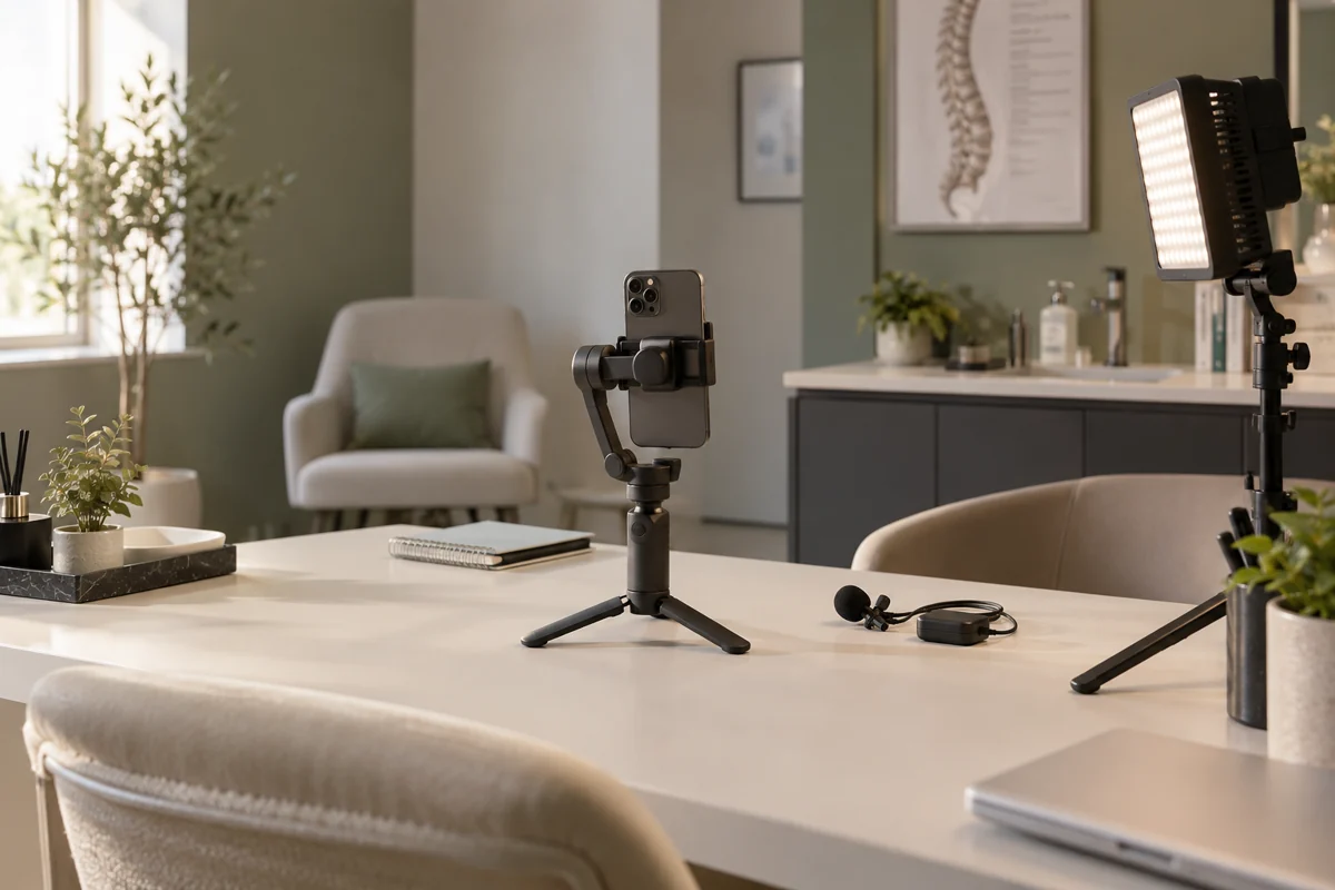 Set de grabación de reels con móvil, iluminación y micrófono en una consulta